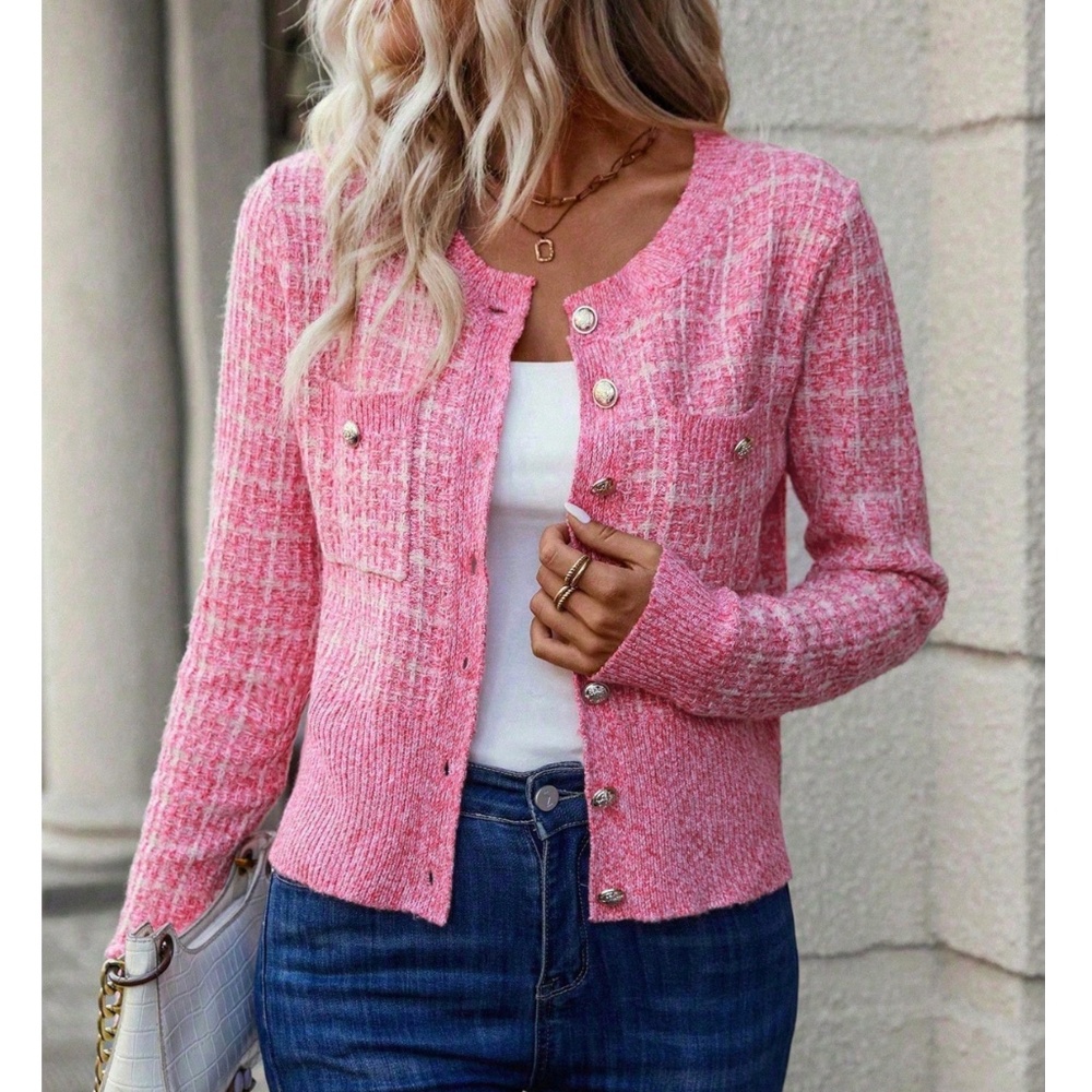Hot Pink Plaid Button Up Cardigan Knit Long Sleeve  Stretchy